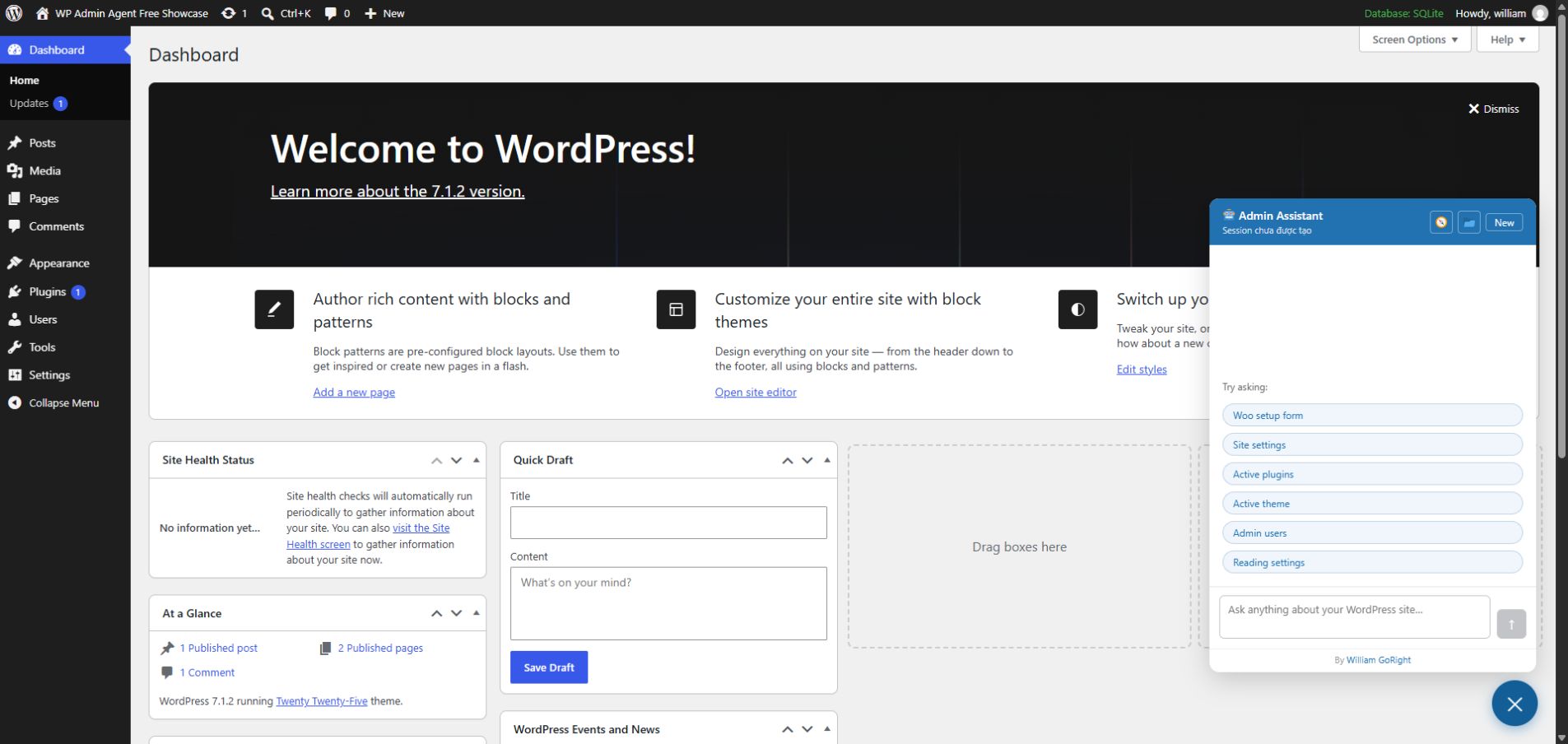 WP Admin Agent chat interface