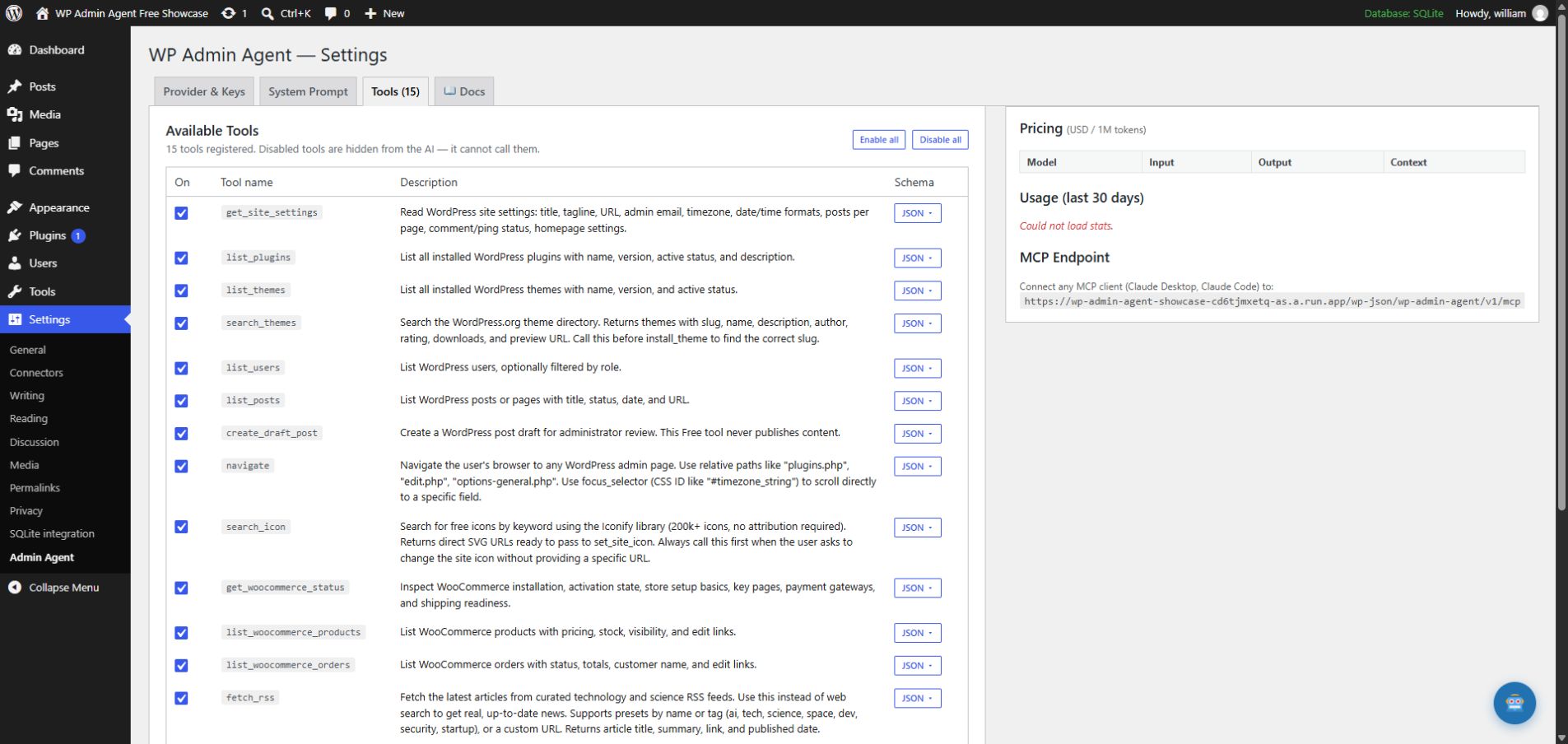 WP Admin Agent tool registry